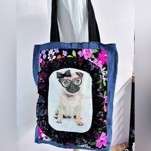 Handmade/Upcycled Shoulder/Tote Bag, Denim, Chic Pup, Floral, Ruffles
